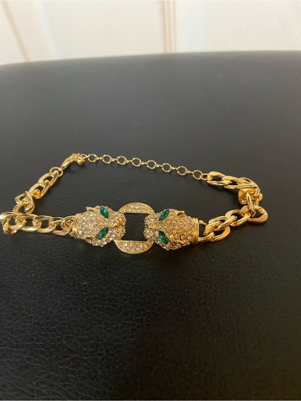 Gold-Tone Panther Head Link Bracelet with Green Crystal Eyes